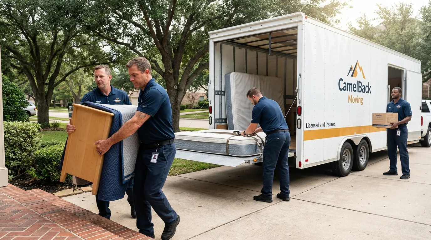 Crew loading residential truck for cross-state move from Sharon, WI