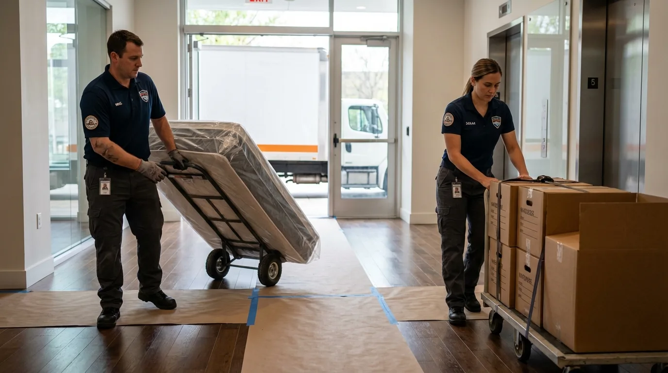 Professional apartment movers loading elevator in Sharon, WI